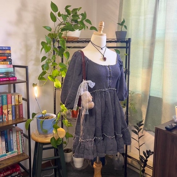 Free People Smocked Babydoll Dress Size Small Cottage Boho‎ Fairy - Picture 5 of 8